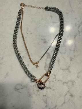 Mixed Metal Evil Eye Layered Pendant Necklace - Gold & Silver